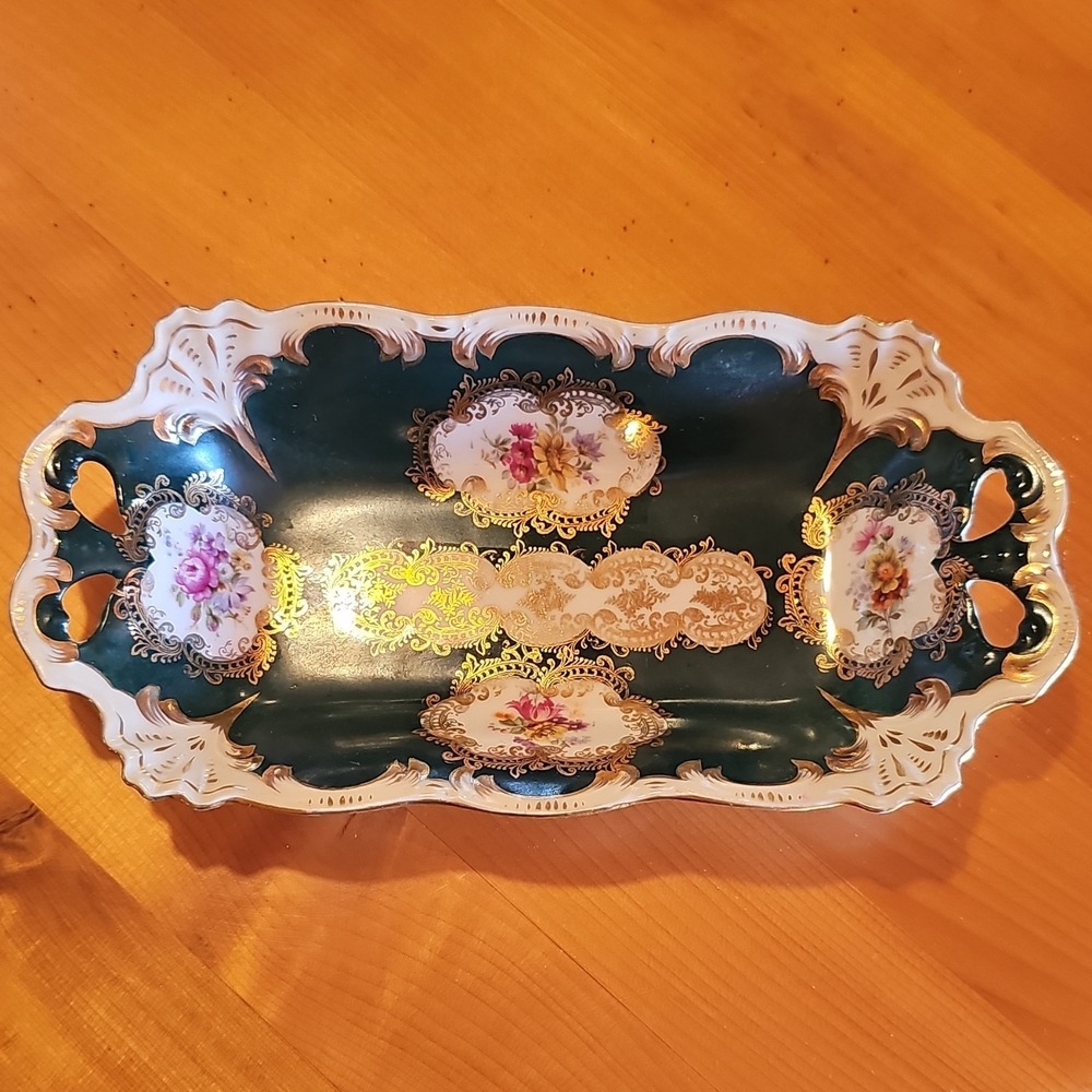 Eleanor China Austria Porcelain Rectangle Serving Tray Floral Gold Handles 37
